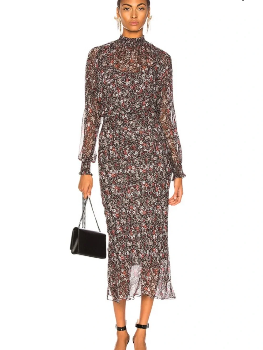 Veronica Beard Felice Silk Floral Midi Dress Sheer Long Sleeve Mock Neck 6 - Picture 2 of 11